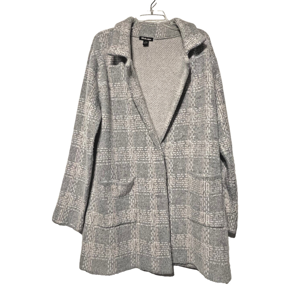Pastel Plaid Cardigan Coatigan Womens Gray Beige Knit Pockets Cozy Soft Casual